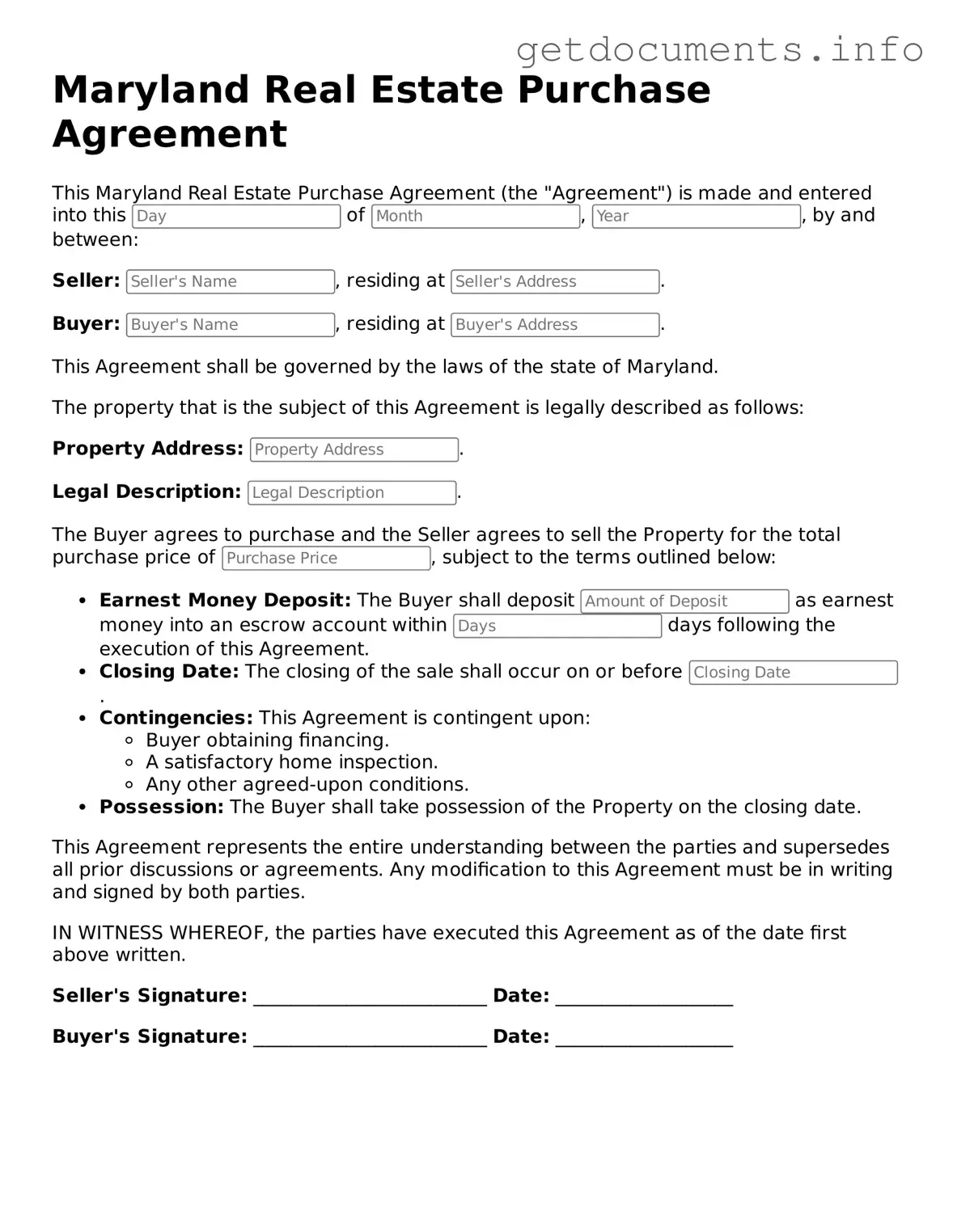 Free Real Estate Purchase Agreement Template for Maryland