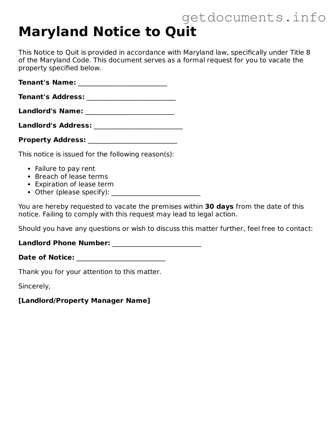 Free Notice to Quit Template for Maryland