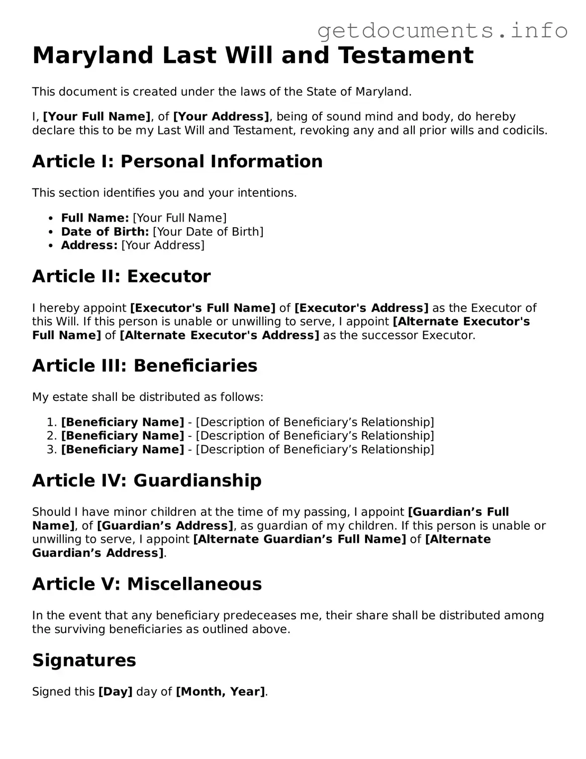 Free  Last Will and Testament Template for Maryland