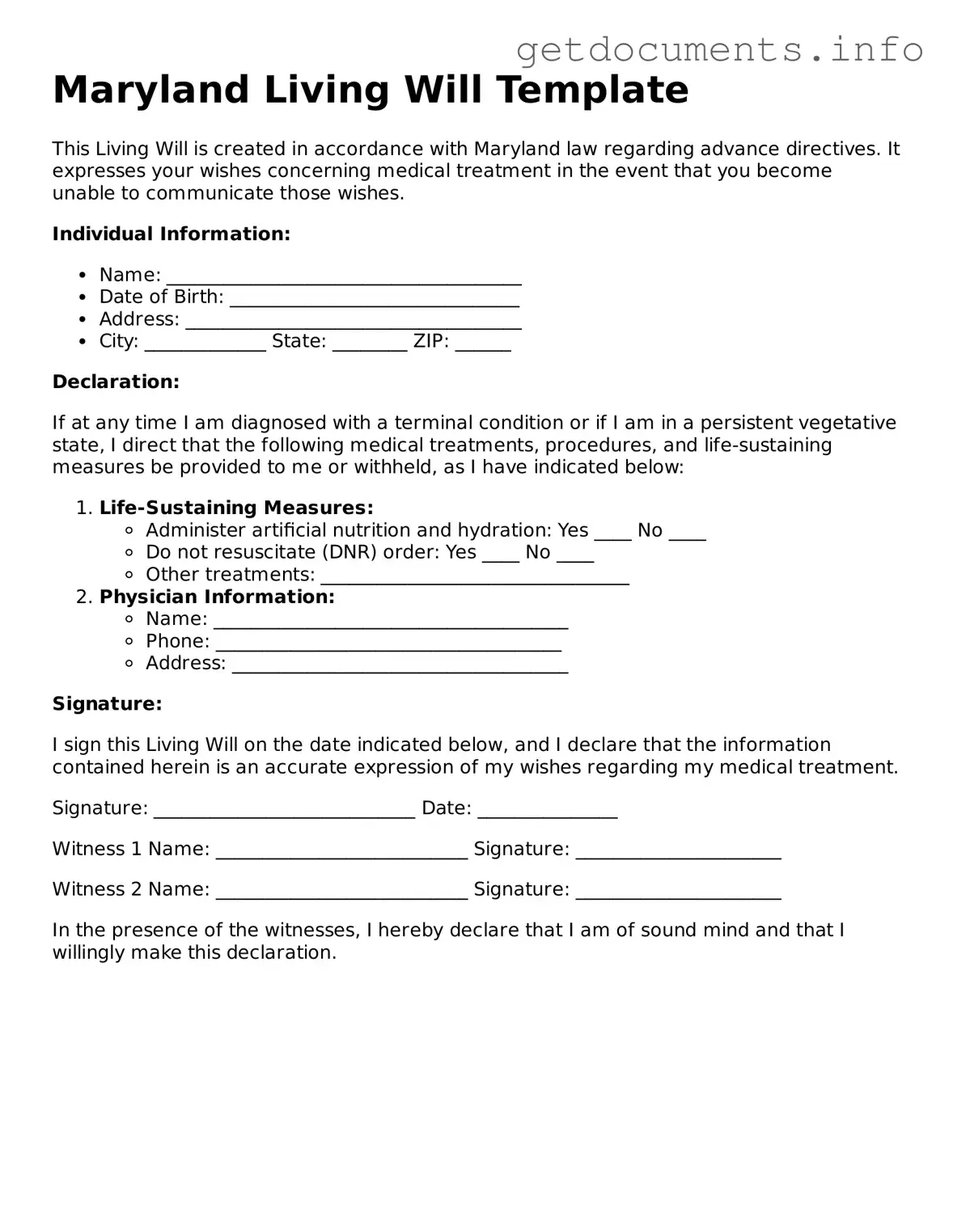 Free Living Will Template for Maryland