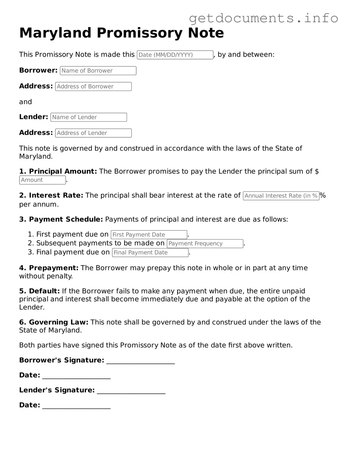 Free Promissory Note Template for Maryland