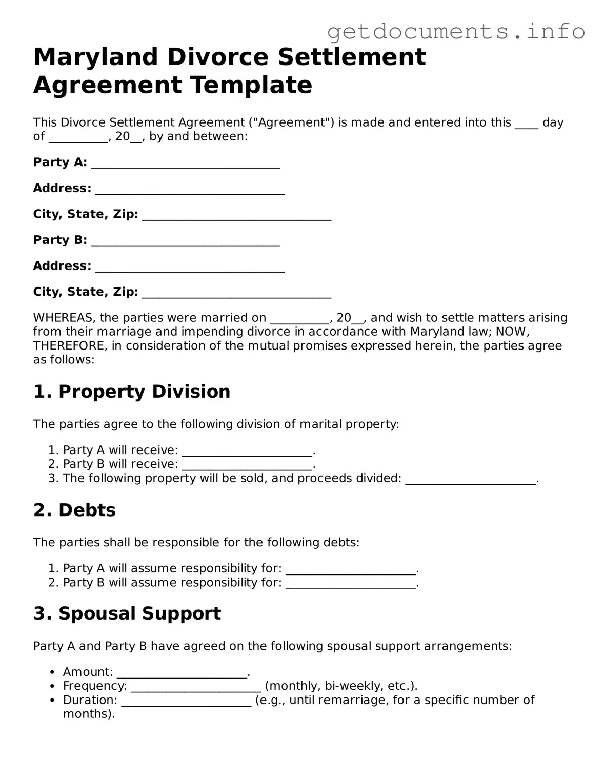 Free Divorce Settlement Agreement Template for Maryland