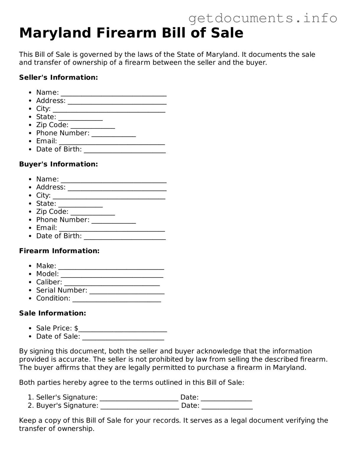 Free Firearm Bill of Sale Template for Maryland