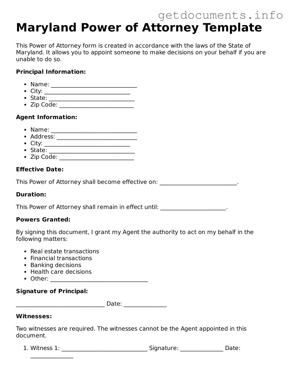 Free  Power of Attorney Template for Maryland