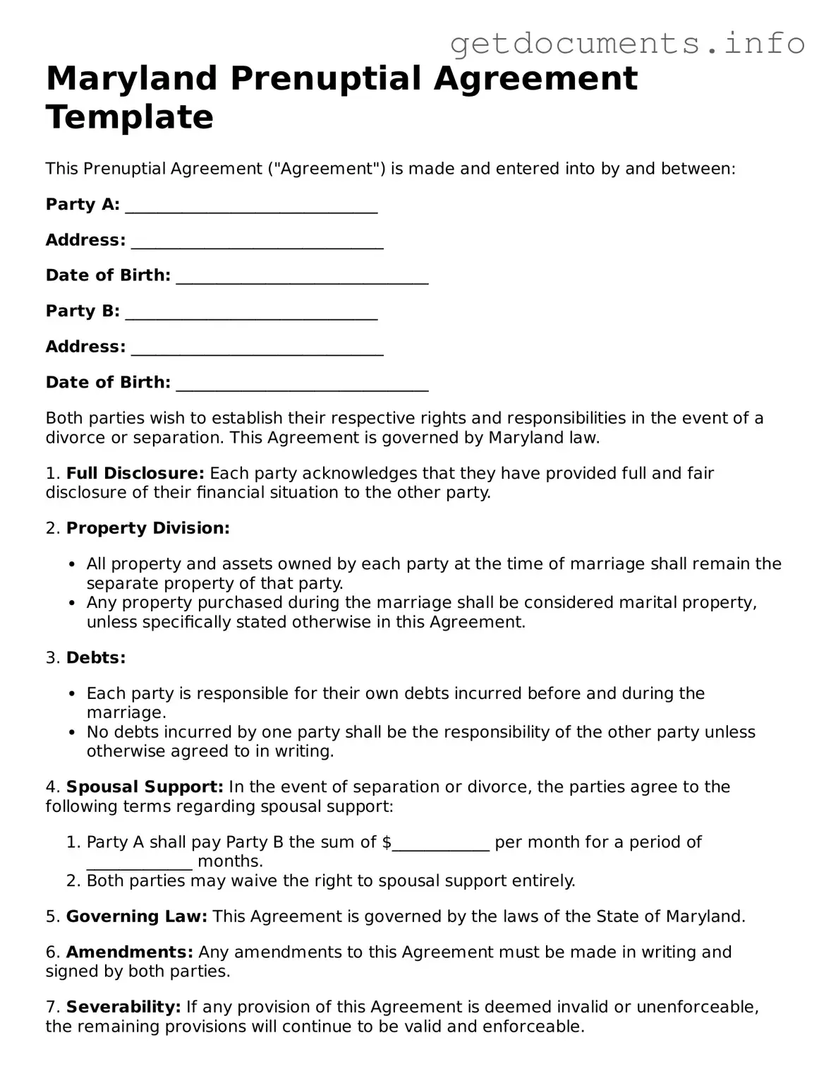 Free Prenuptial Agreement Template for Maryland