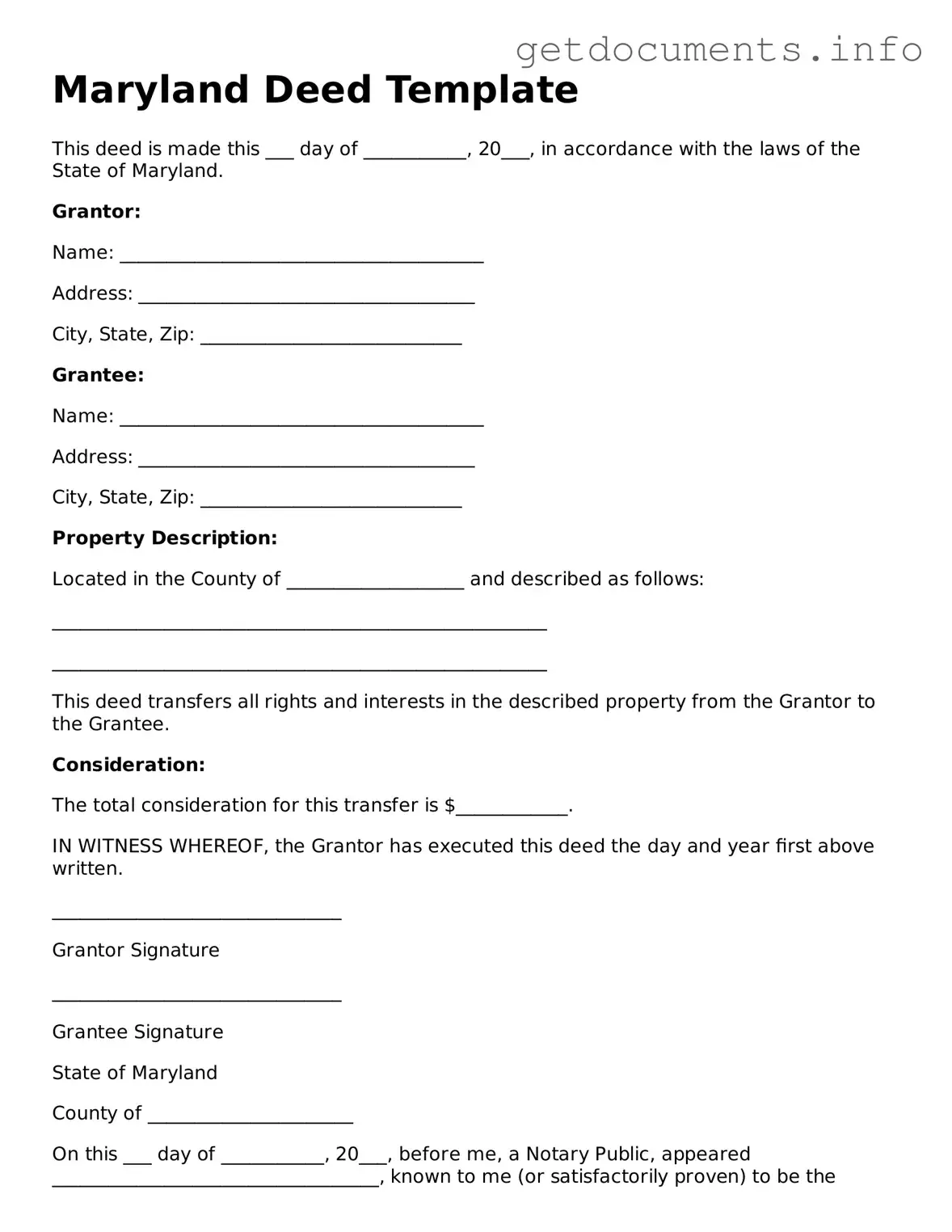 Free Deed Template for Maryland