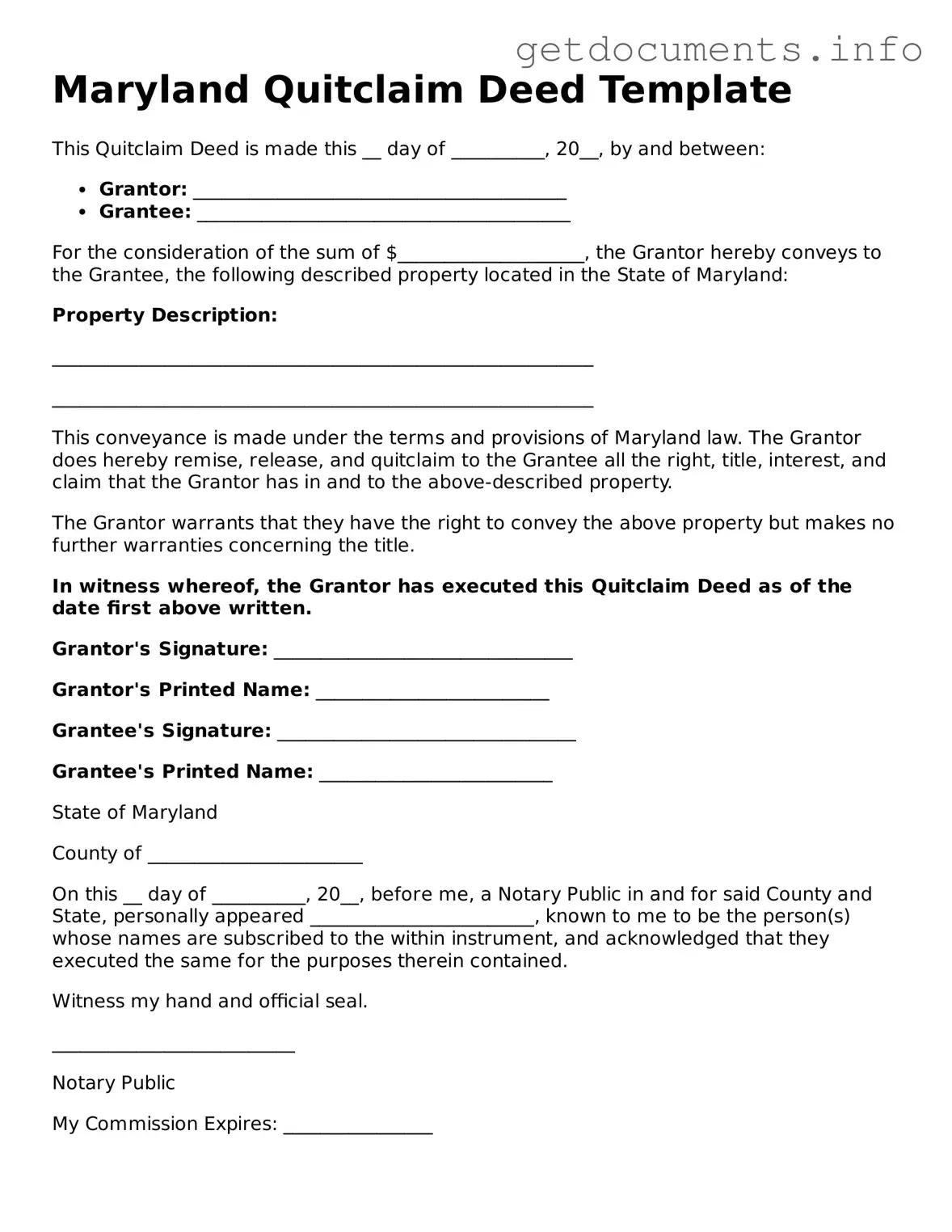 Free Quitclaim Deed Template for Maryland