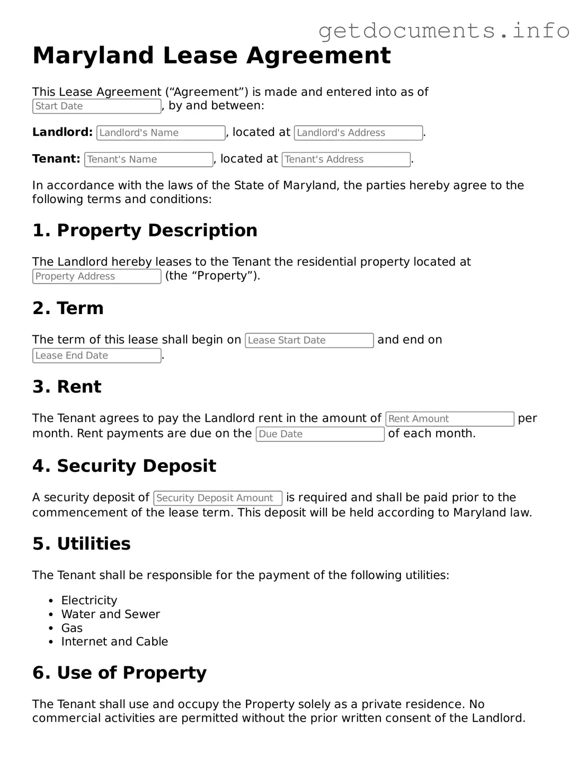 Free Lease Agreement Template for Maryland
