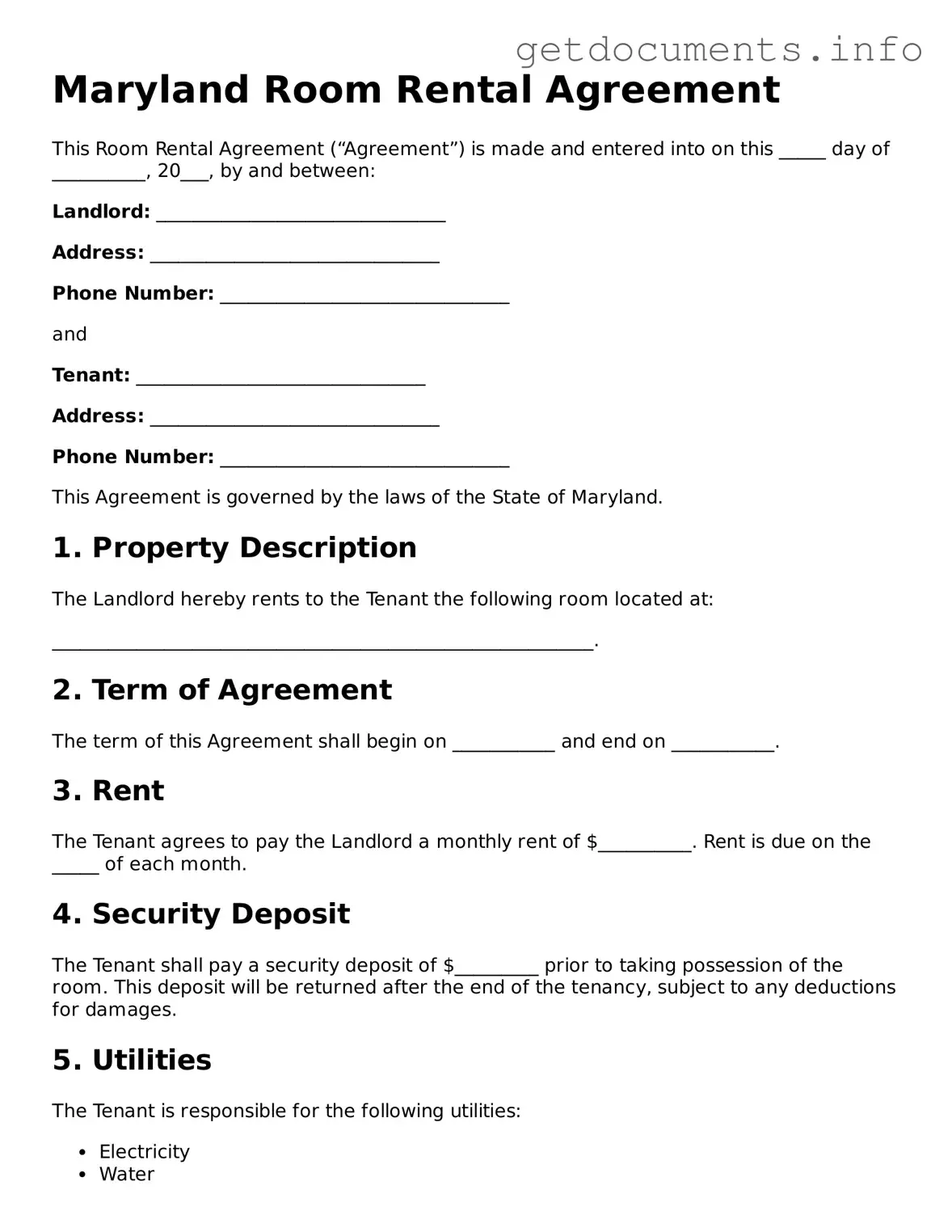 Free Room Rental Agreement Template for Maryland