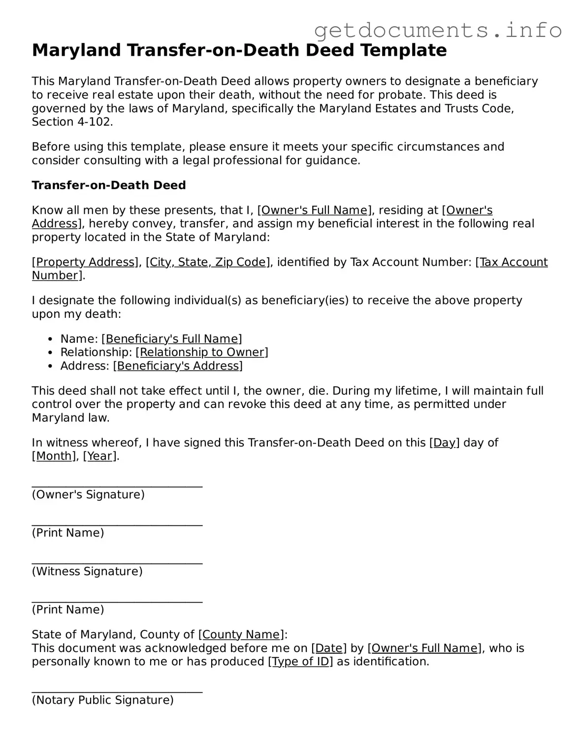 Free Transfer-on-Death Deed Template for Maryland