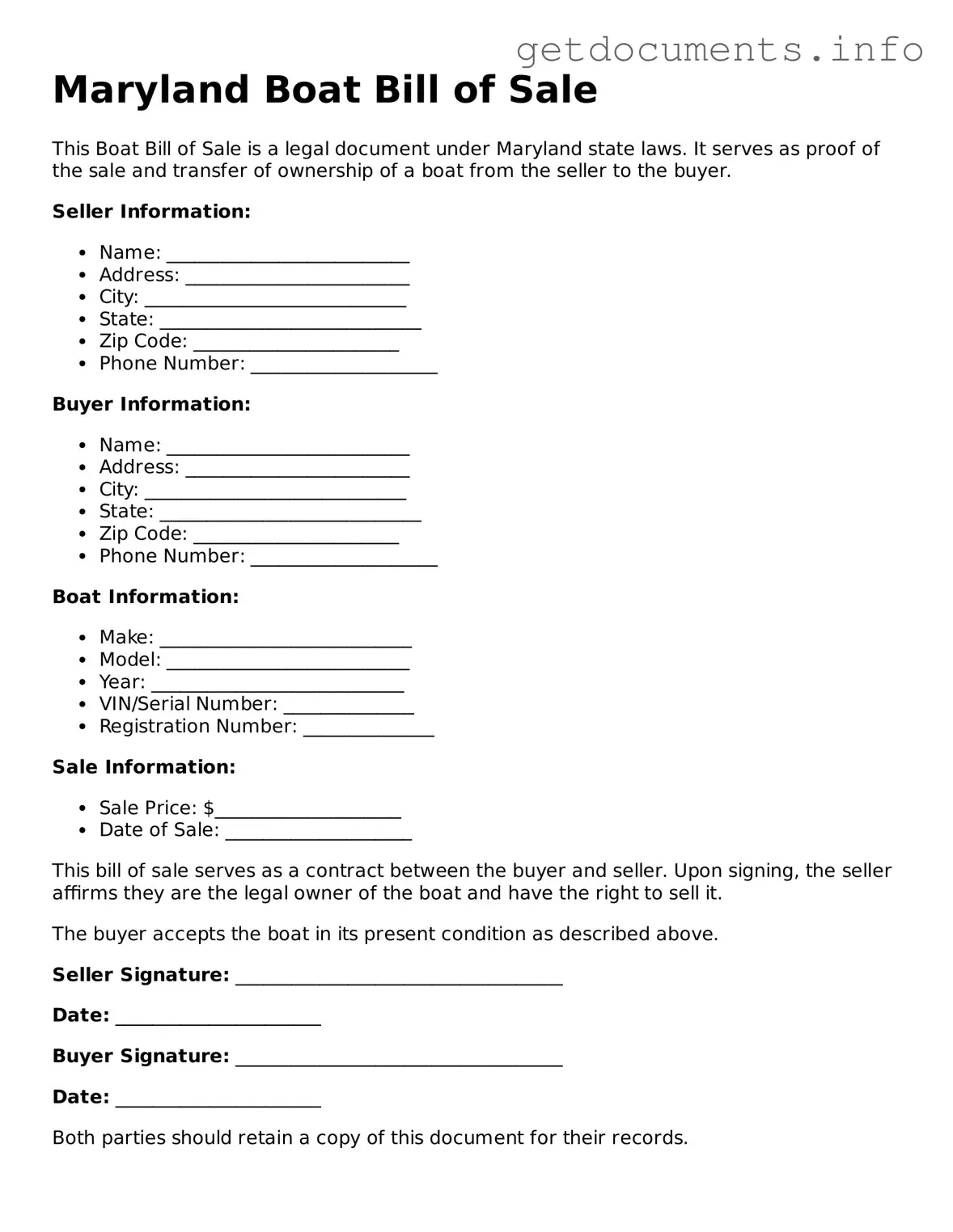 Free Boat Bill of Sale Template for Maryland