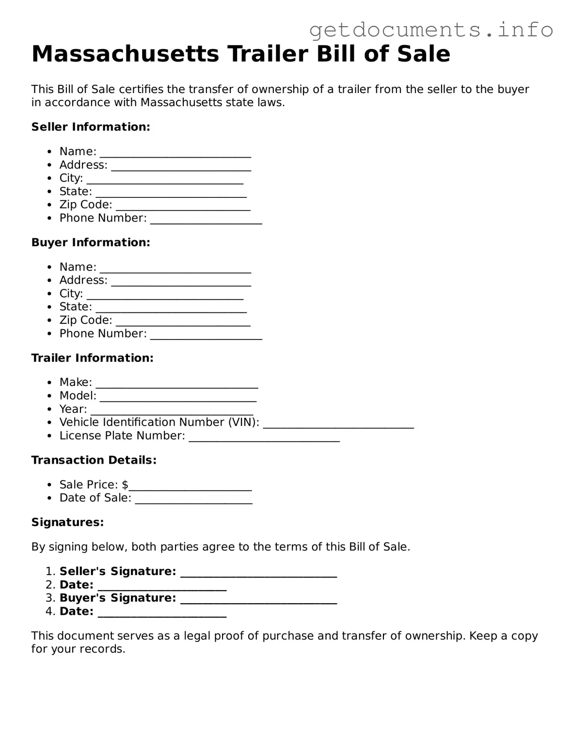 Free  Trailer Bill of Sale Template for Massachusetts