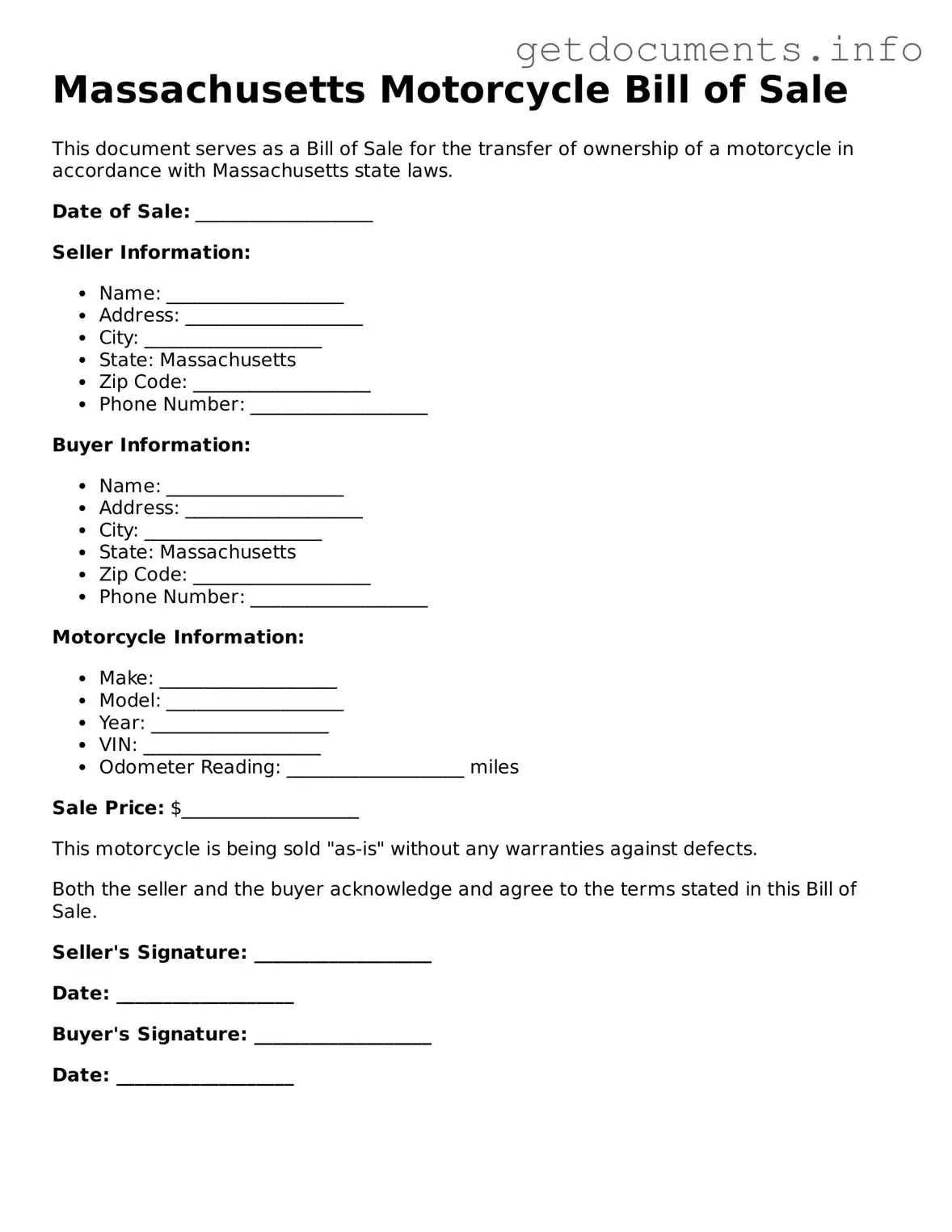Free Motorcycle Bill of Sale Template for Massachusetts