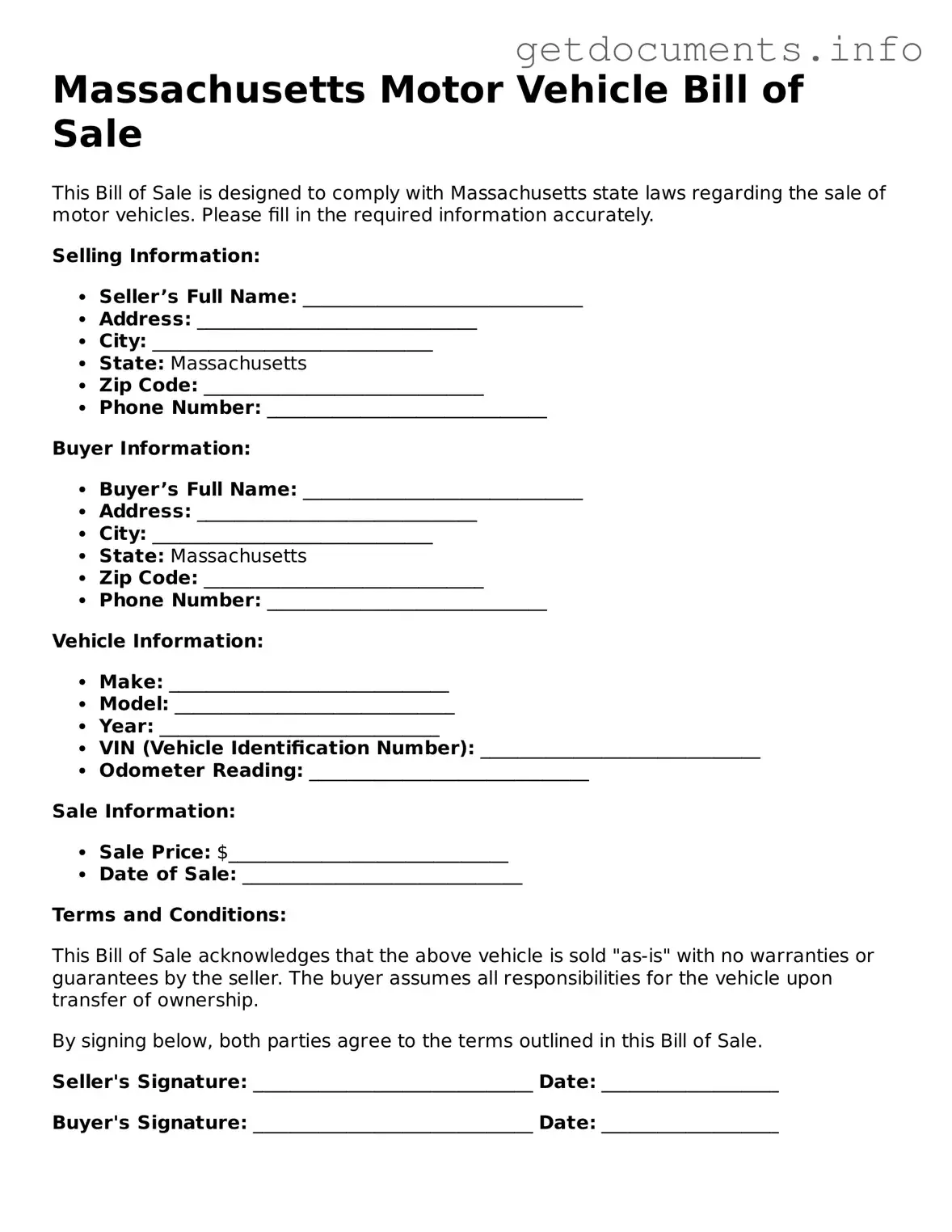 Free Motor Vehicle Bill of Sale Template for Massachusetts