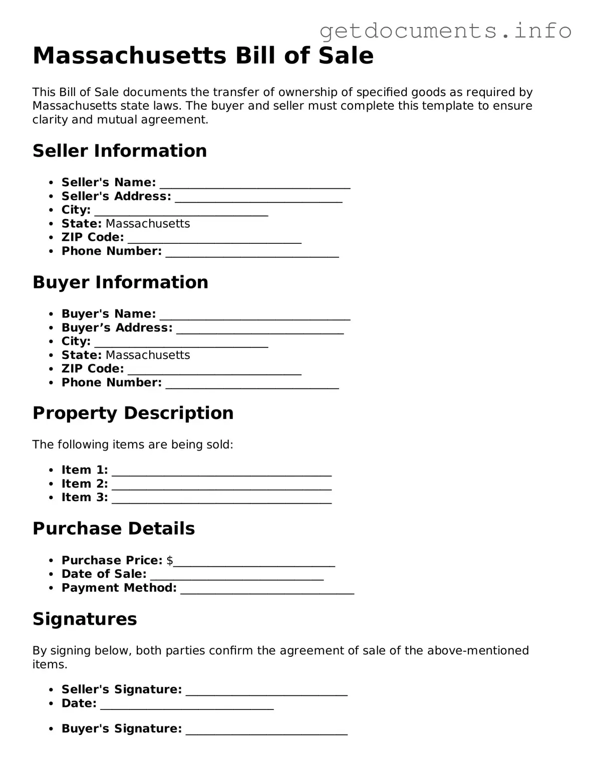 Free  Bill of Sale Template for Massachusetts