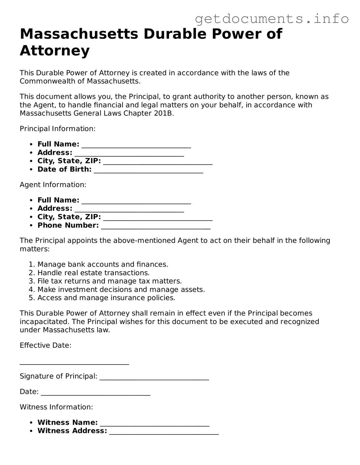 Free Durable Power of Attorney Template for Massachusetts