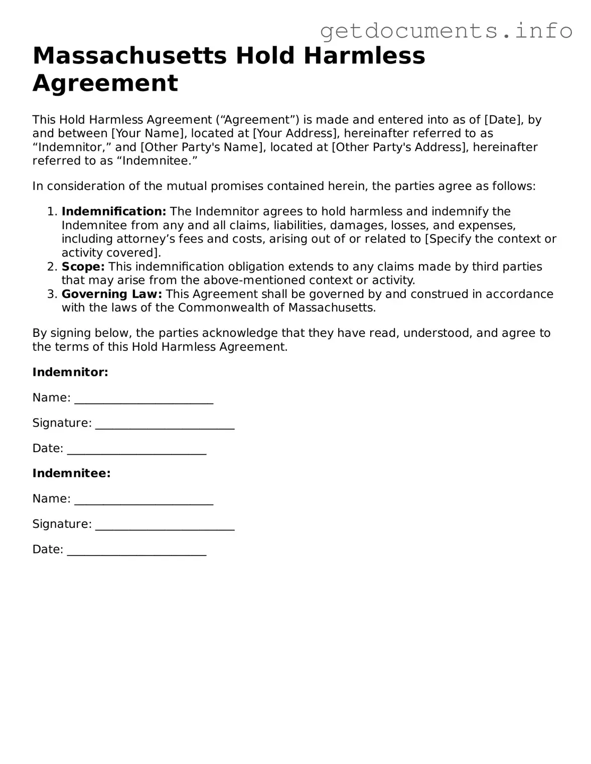 Free Hold Harmless Agreement Template for Massachusetts