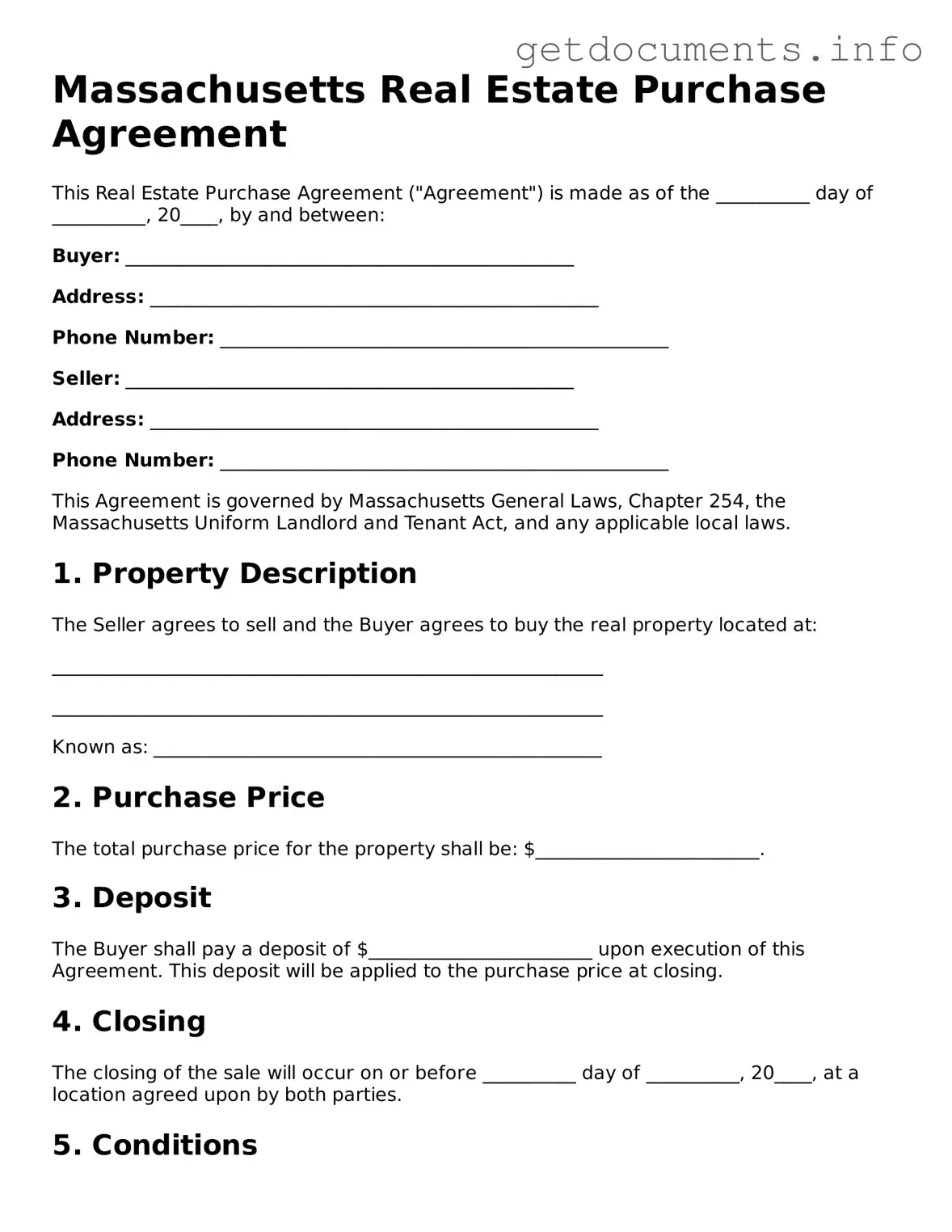 Free Real Estate Purchase Agreement Template for Massachusetts