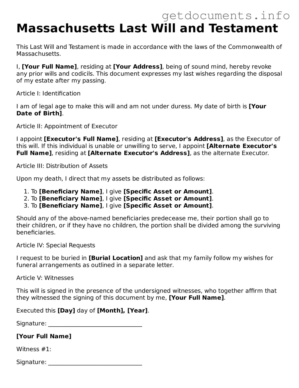 Free Last Will and Testament Template for Massachusetts