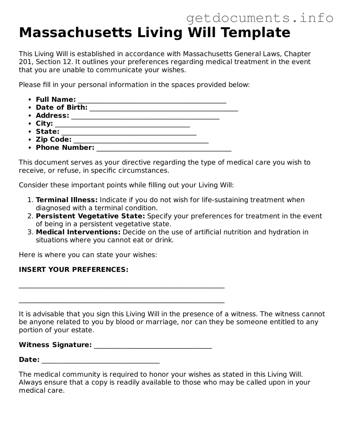 Free Living Will Template for Massachusetts
