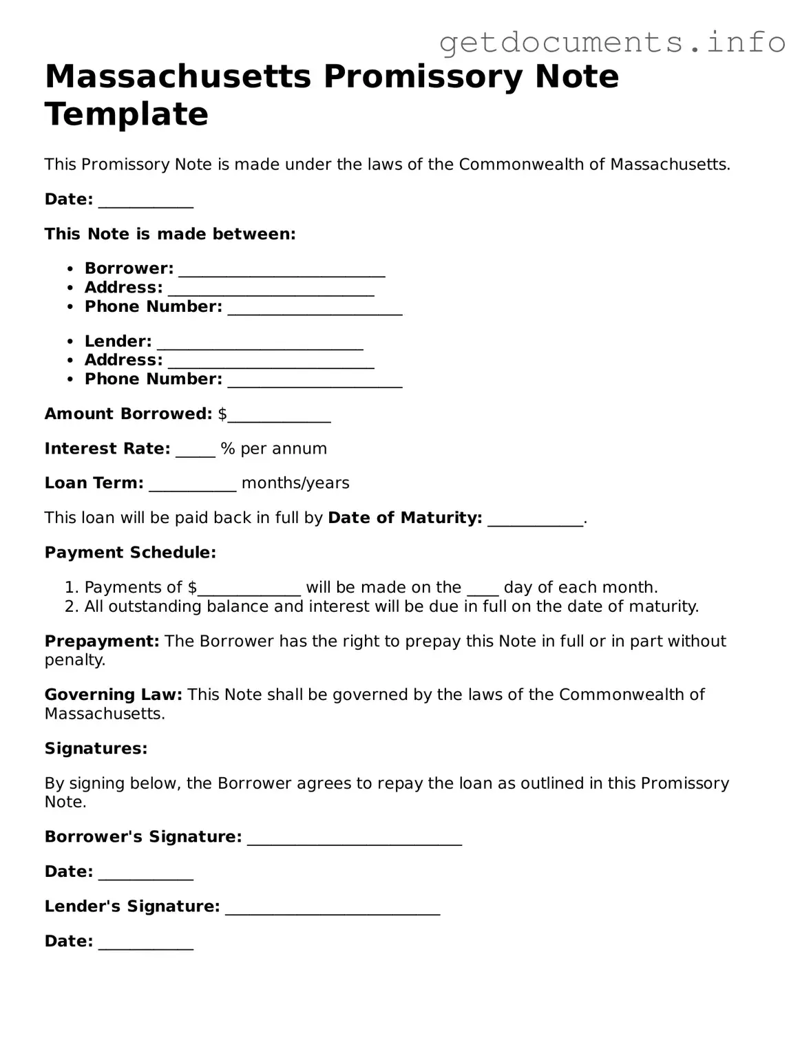 Free Promissory Note Template for Massachusetts