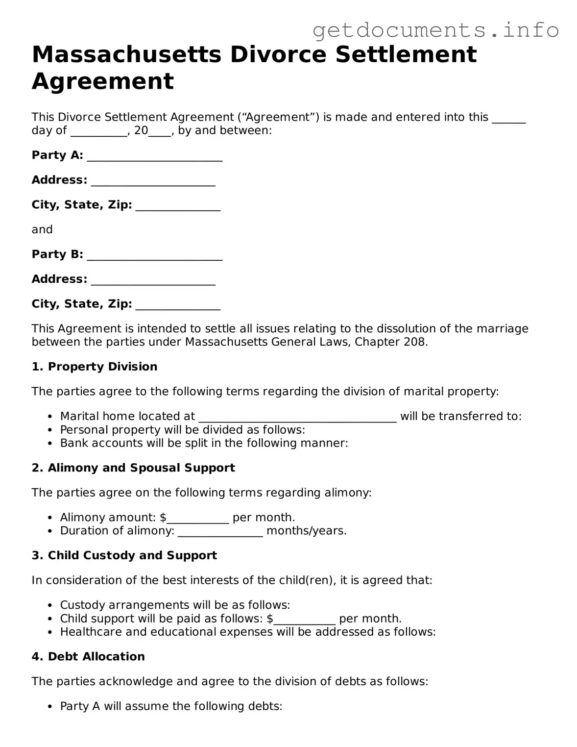 Free Divorce Settlement Agreement Template for Massachusetts