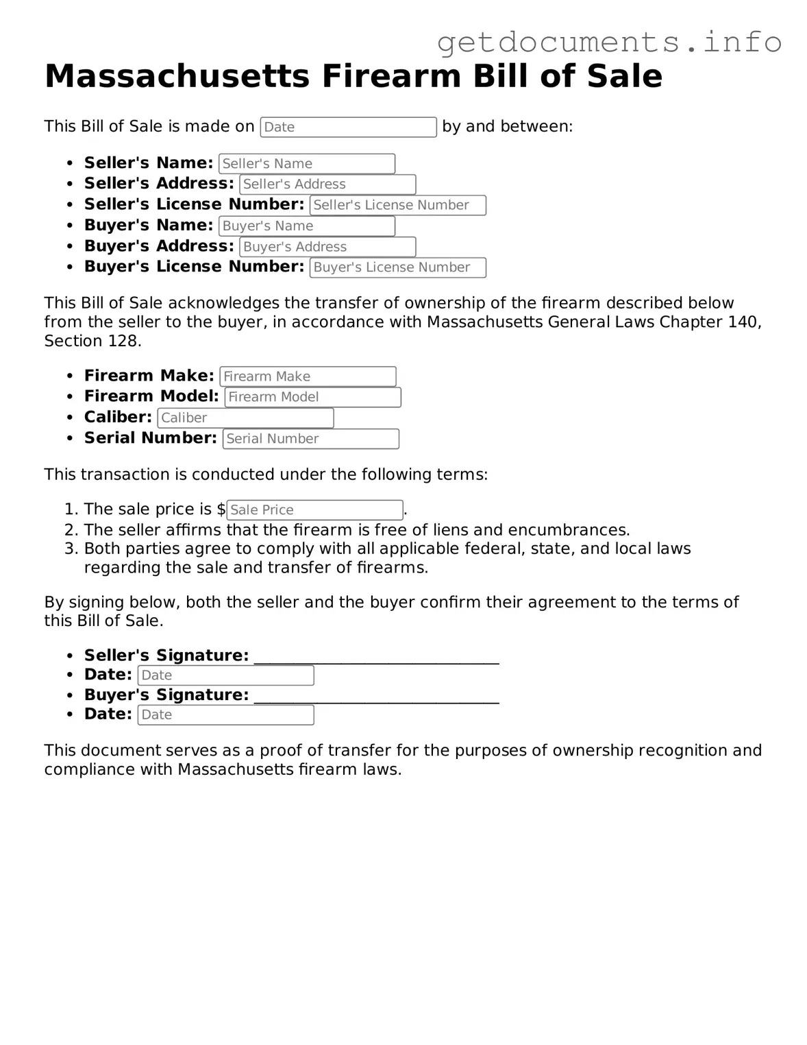 Free Firearm Bill of Sale Template for Massachusetts
