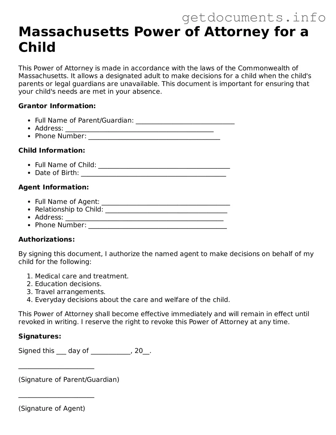 Free Power of Attorney for a Child Template for Massachusetts