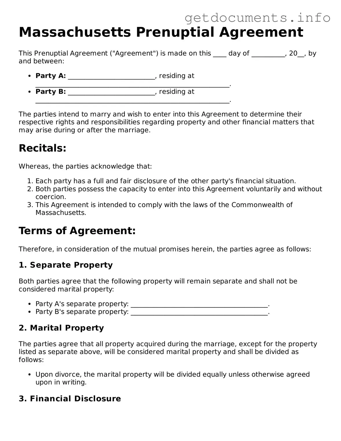 Free Prenuptial Agreement Template for Massachusetts