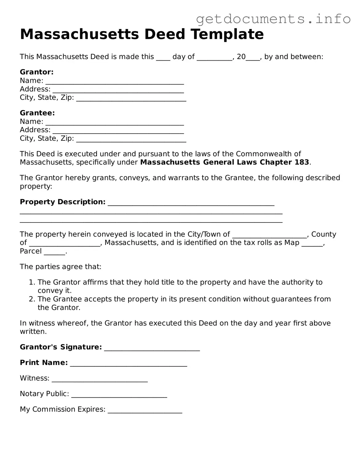 Free Deed Template for Massachusetts