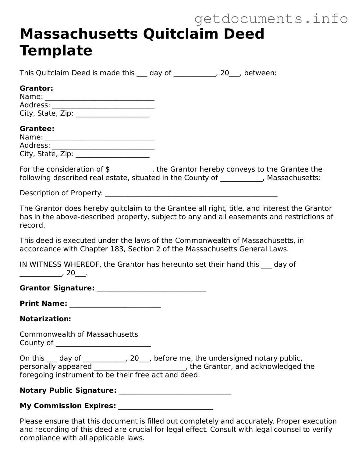 Free Quitclaim Deed Template for Massachusetts
