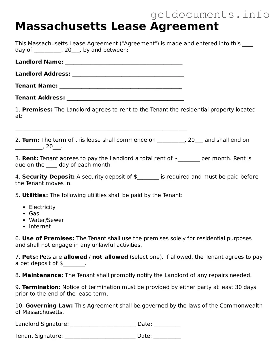 Free Lease Agreement Template for Massachusetts