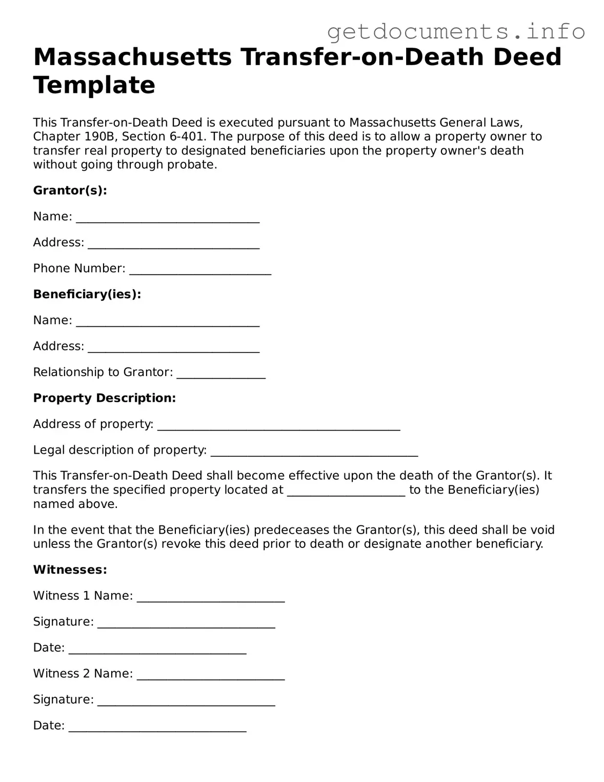 Free  Transfer-on-Death Deed Template for Massachusetts