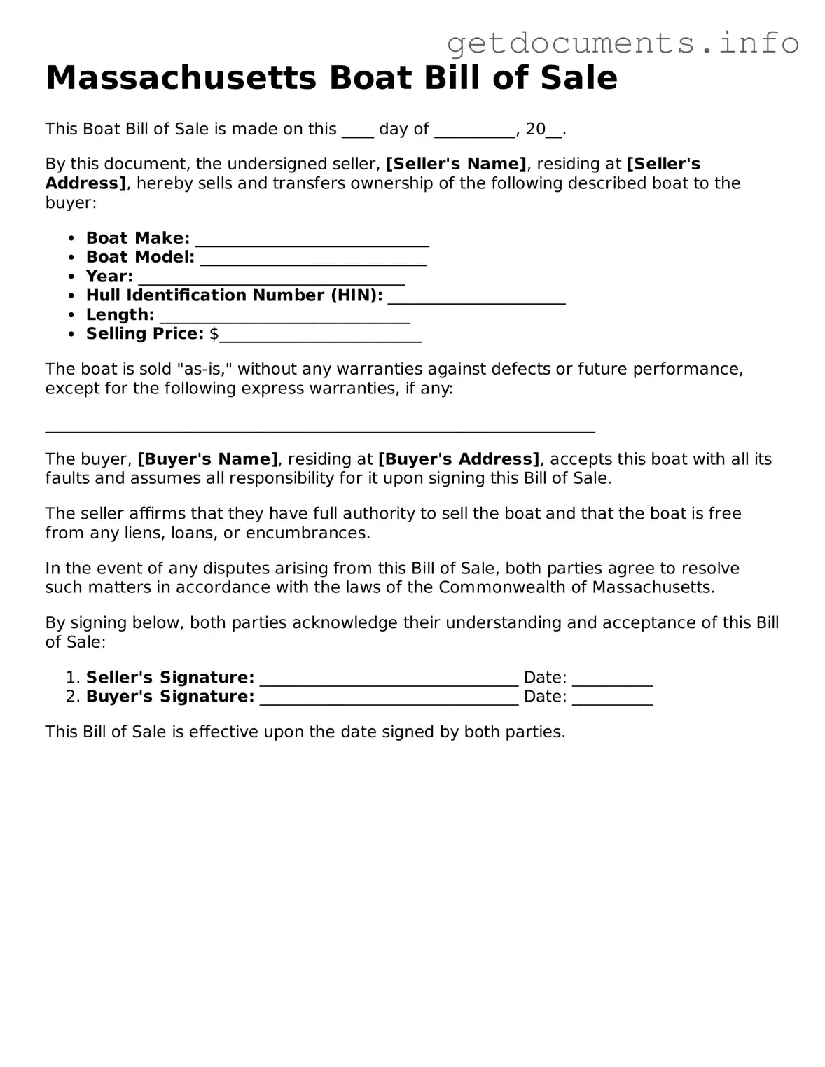 Free Boat Bill of Sale Template for Massachusetts