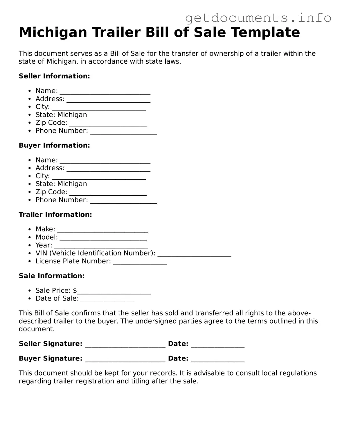 Free  Trailer Bill of Sale Template for Michigan