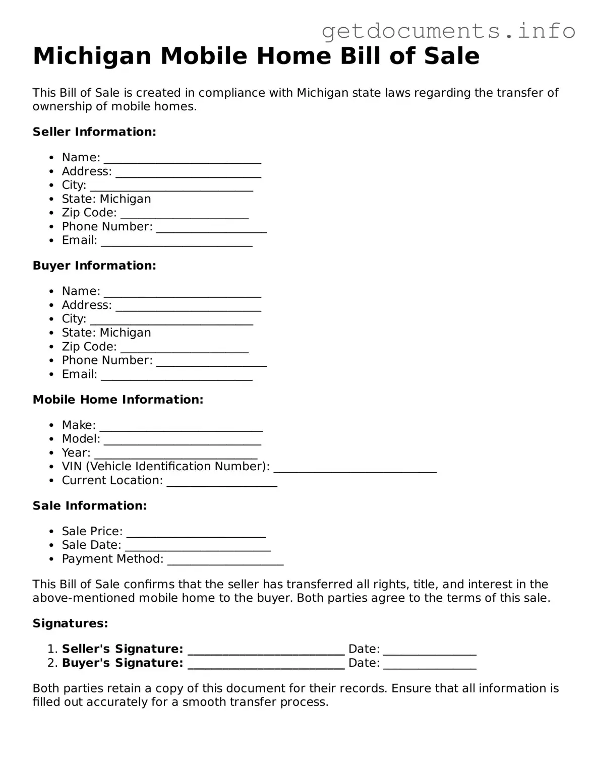 Free Mobile Home Bill of Sale Template for Michigan