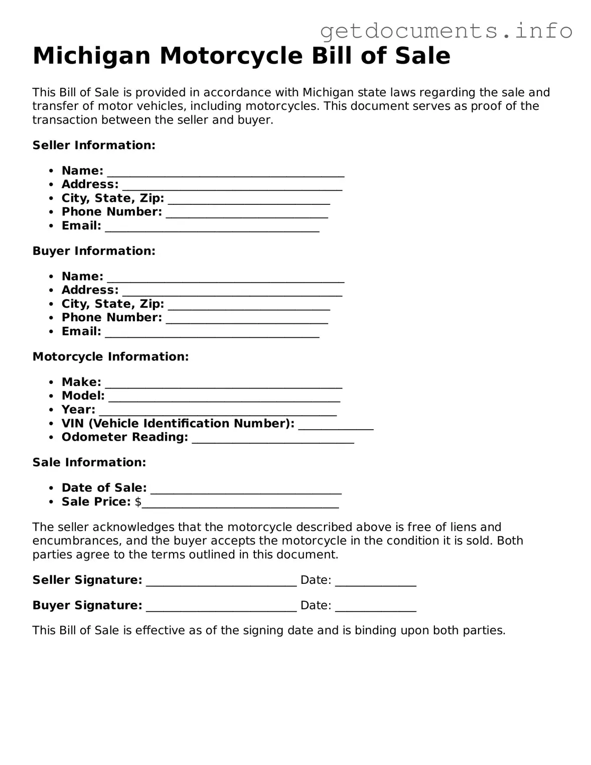Free Motorcycle Bill of Sale Template for Michigan