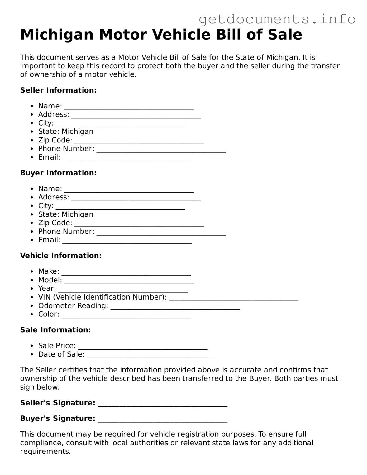 Free Motor Vehicle Bill of Sale Template for Michigan