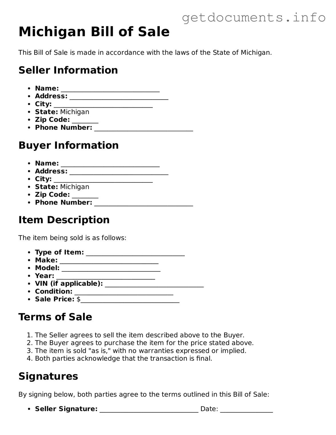 Free  Bill of Sale Template for Michigan