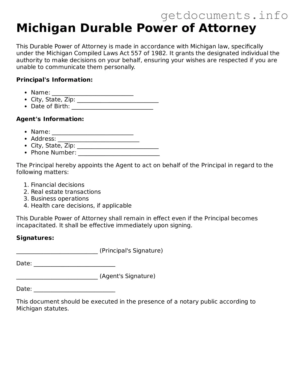 Free  Durable Power of Attorney Template for Michigan