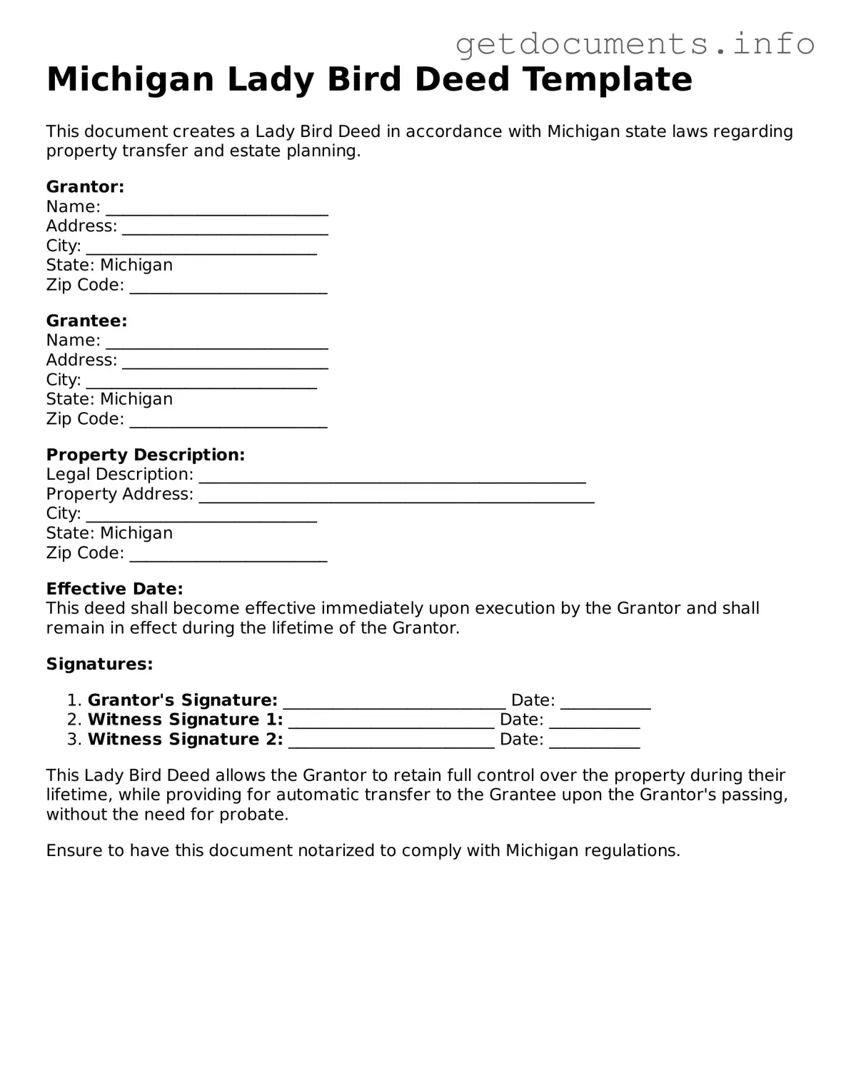 Free Lady Bird Deed Template for Michigan