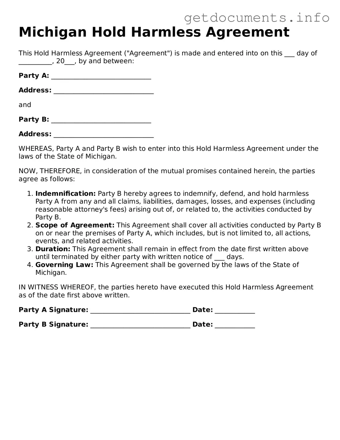 Free Hold Harmless Agreement Template for Michigan