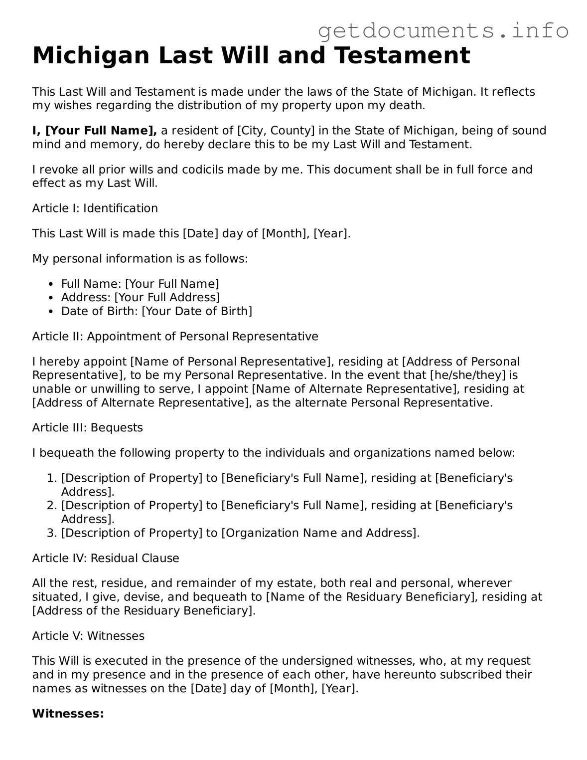 Free Last Will and Testament Template for Michigan