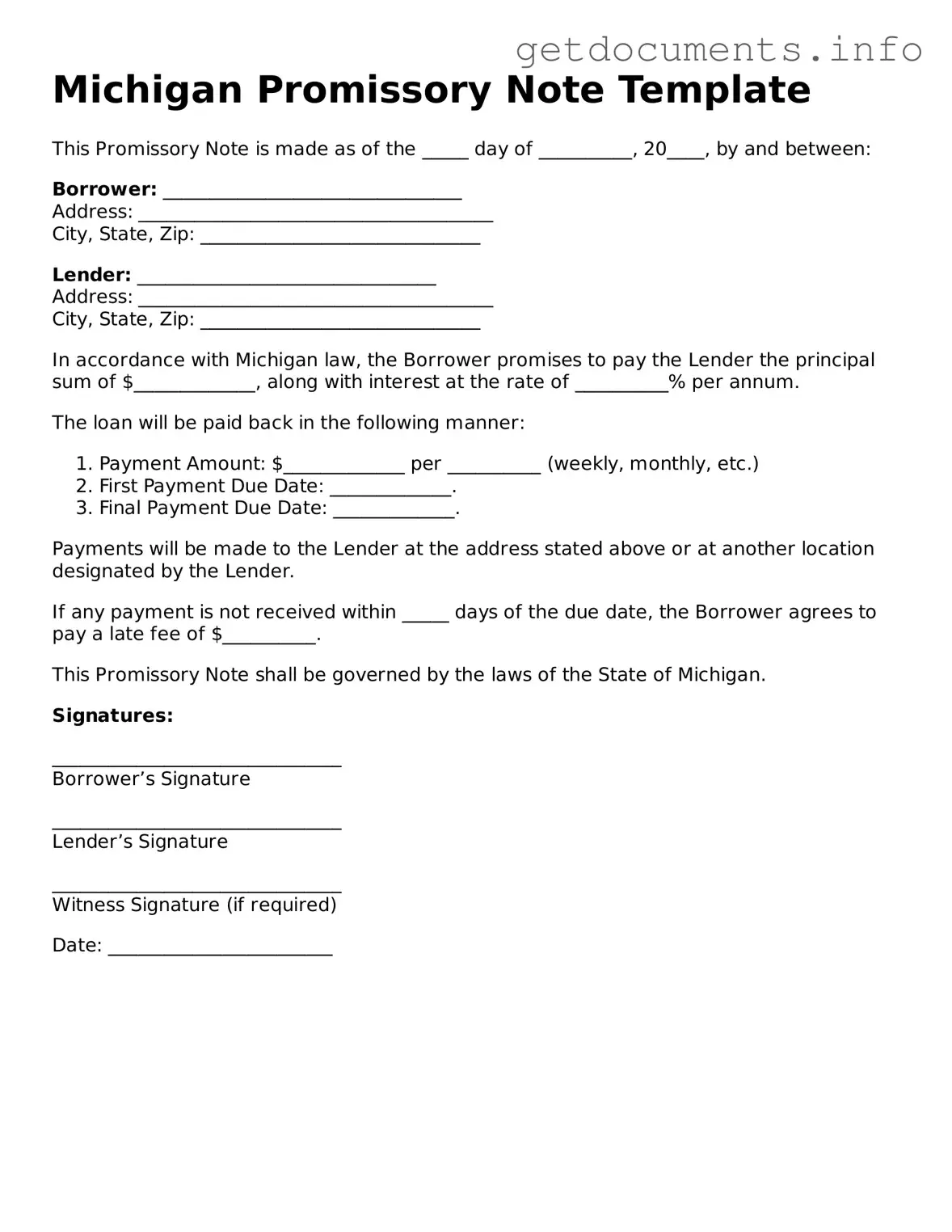 Free Promissory Note Template for Michigan
