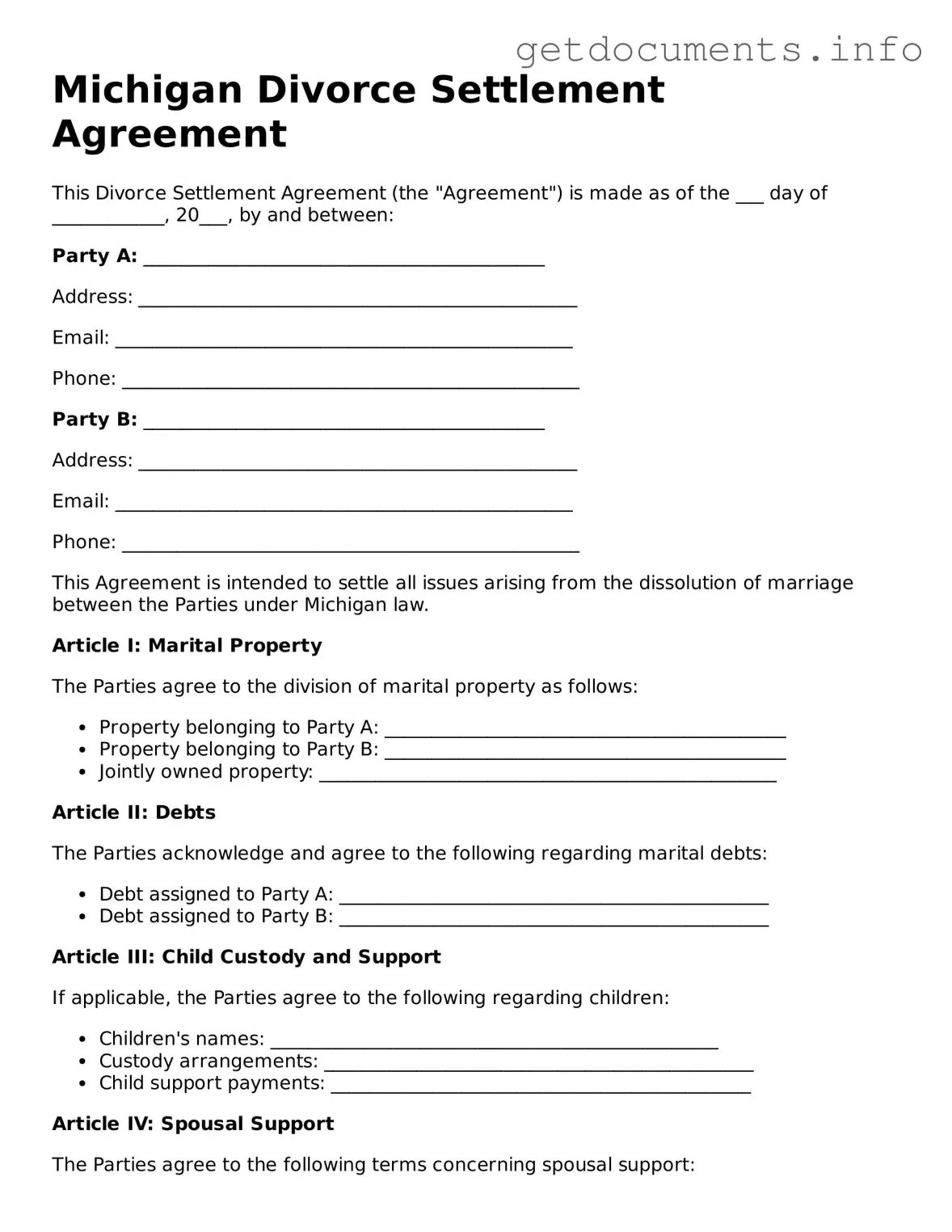 Free Divorce Settlement Agreement Template for Michigan
