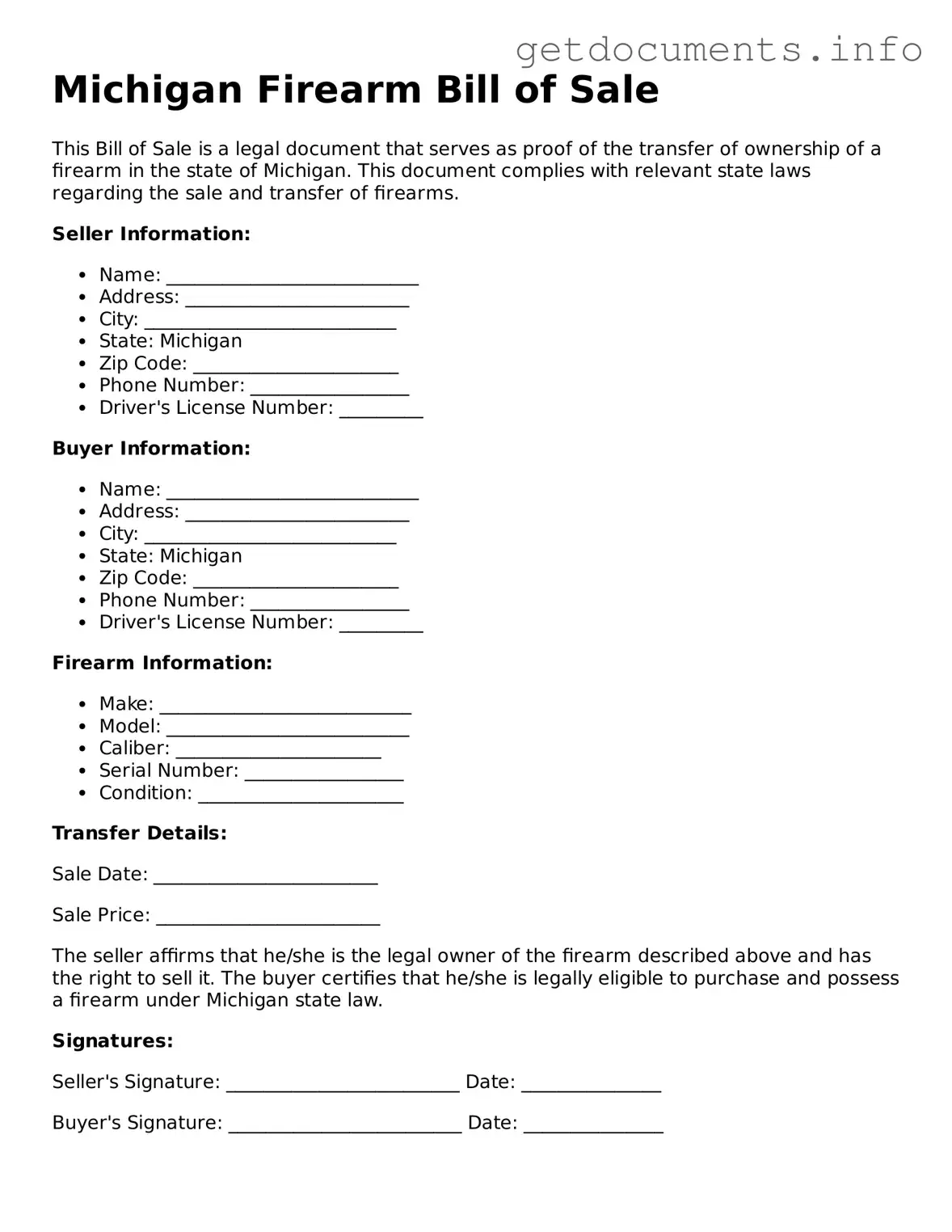 Free Firearm Bill of Sale Template for Michigan