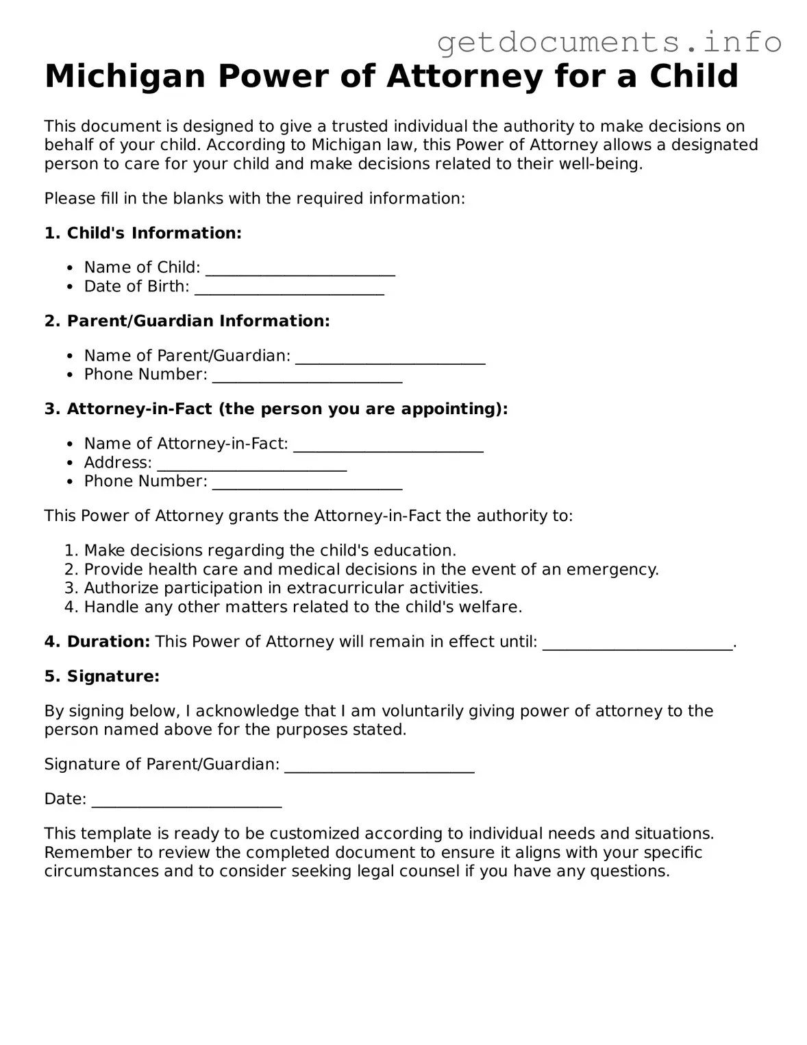 Free  Power of Attorney for a Child Template for Michigan