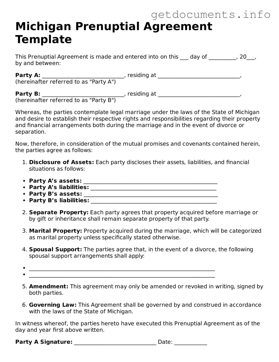 Free  Prenuptial Agreement Template for Michigan