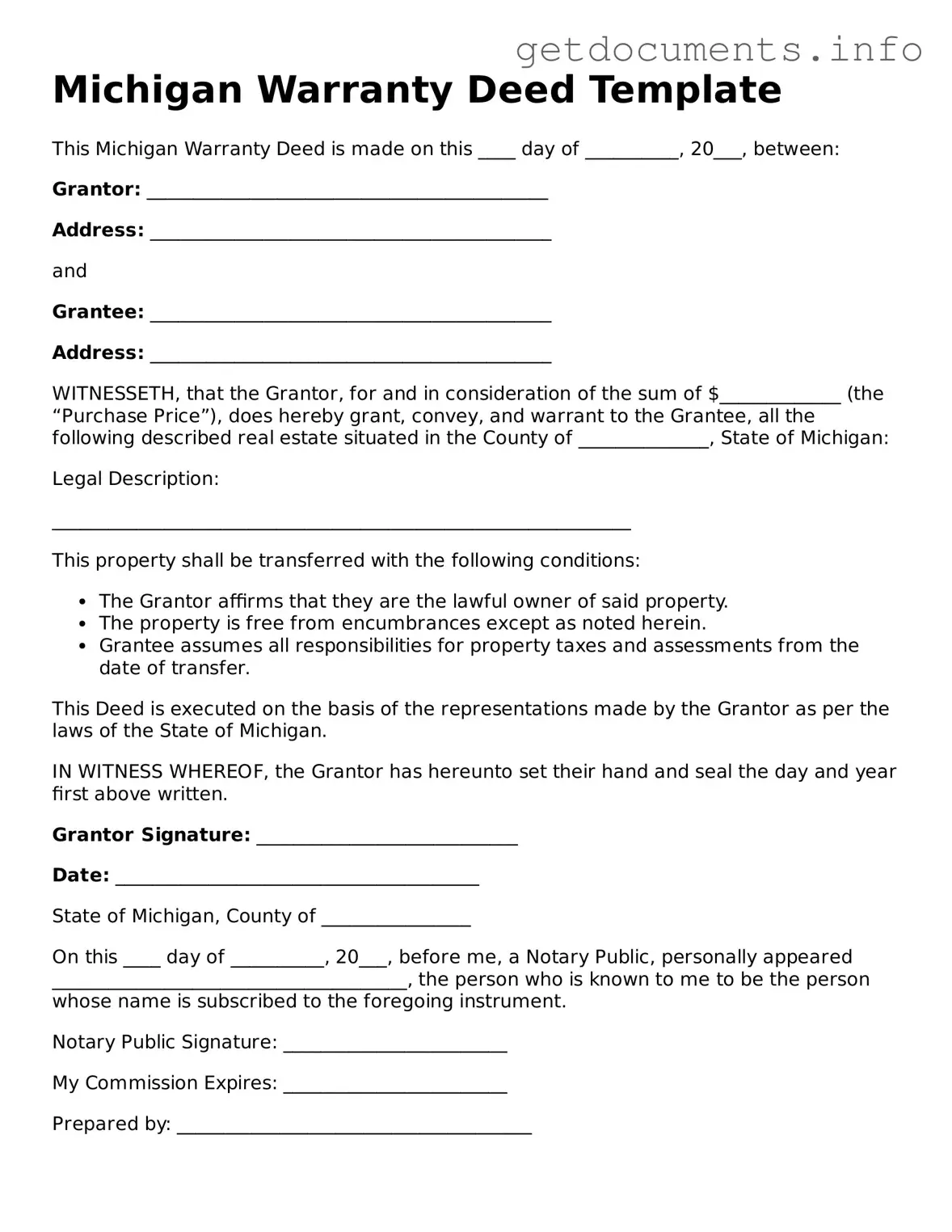Free  Deed Template for Michigan