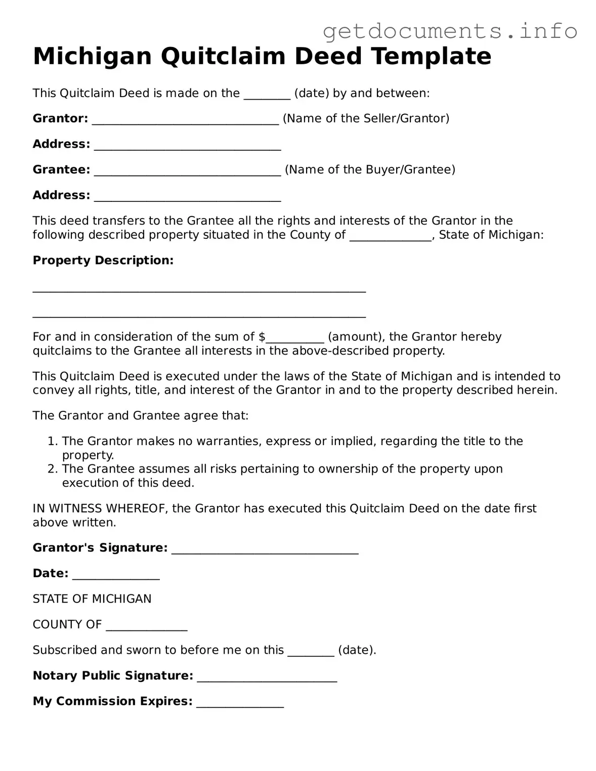 Free  Quitclaim Deed Template for Michigan